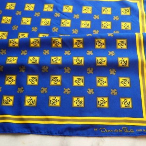 Vintage Oscar de la Renta Scarf - B.S.A - Blue & Yellow Neckerchief - Picture 3 of 10